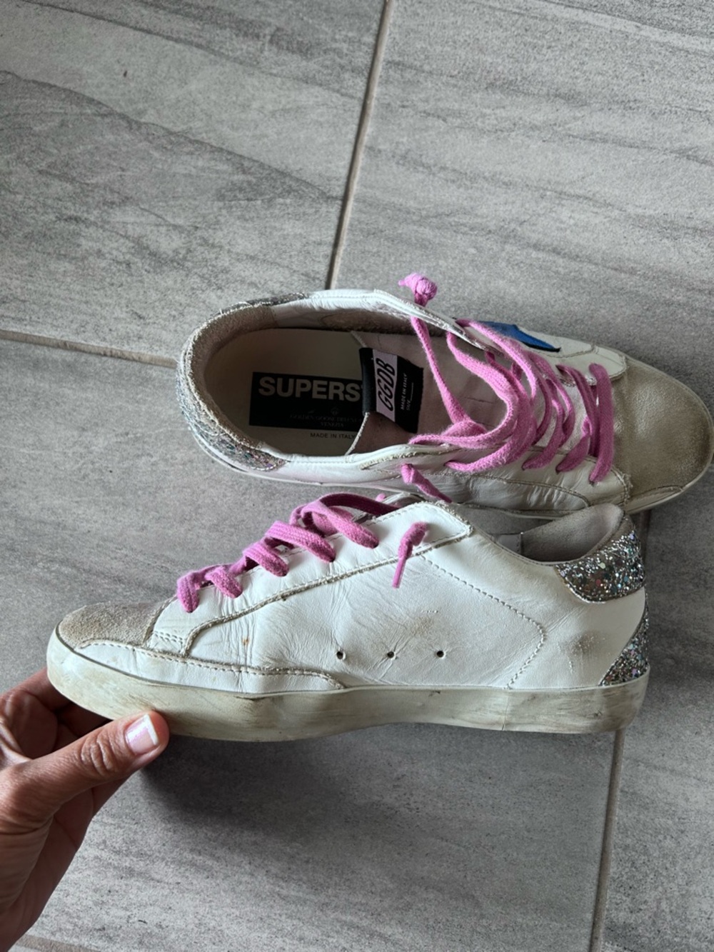 Golden Goose Superstar Sneakers Blue Star Glitter Heel White Leather Size 39 - Picture 7 of 16